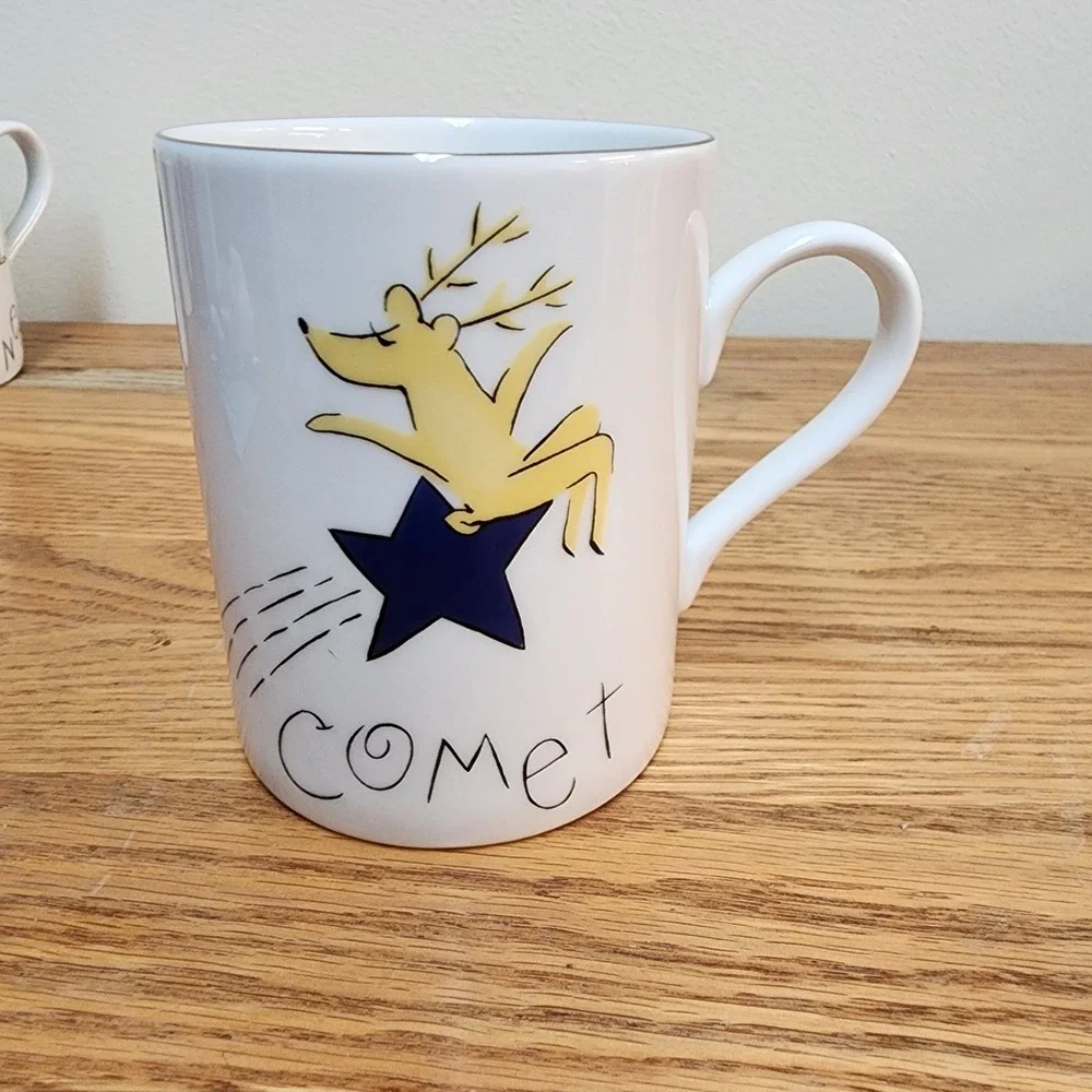 Pottery Barn Reindeer Coffee Tea Mugs Set Of 3 Donner, Comet and Blitzen